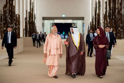 Lt General Sheikh Saif bin Zayed Al Nahyan, UAE Deputy Prime Minister and Minister of Interior and Reem bint Ebrahim Al Hashimy, UAE Minister of State for International Cooperation bid farewell to Narendra Modi Prime Minister of India at the Presidential Airport, Abu Dhabi, United Arab Emirates February 14, 2024.